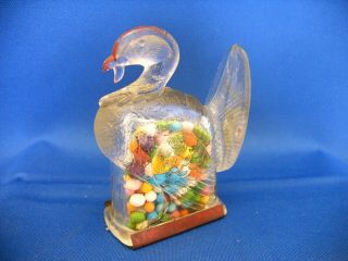 Vintage Clear Glass & Tin Toy Turkey Gobbler Candy Container,  Circa 1924