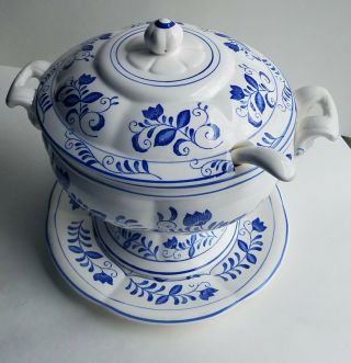 Vintage Blue & White Soup Priceline Tureen With Lid,  Ladle And Under Plate