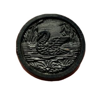 Antique Vintage Victorian Black Glass Picture Button With Swan Bird 3/4”