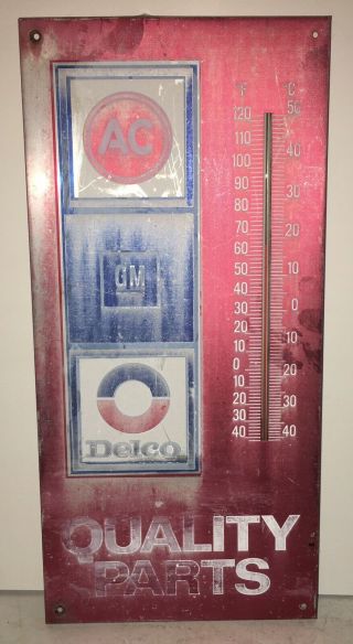 Vintage Gm Ac Delco Quality Auto Parts Thermometer Sign Gas Gasoline Oil 19x9