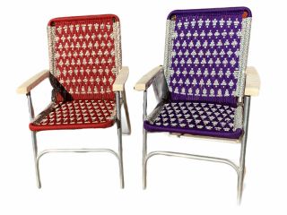 2x Vintage Macrame Woven Lawn Chair Aluminum Folding Set Of 2 Chairs Webbing