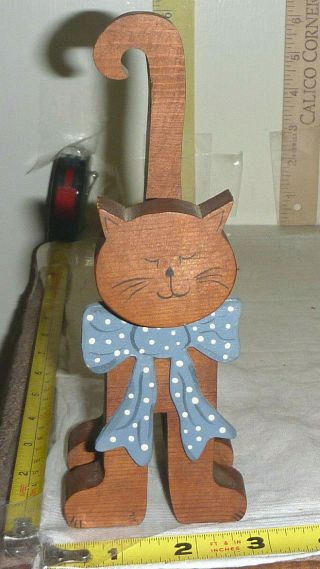 Vtg Hand - Made Wood Cat Figurine - Folk Art 7 " H - Blue Tie