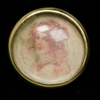 Antique Vtg Button Hand Painted French Girl Under Glass In Brass G1