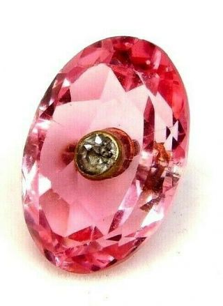 Antique Vtg Button Facetted Oval Pink Glass Jewel W/a Paste Pin Shank K4
