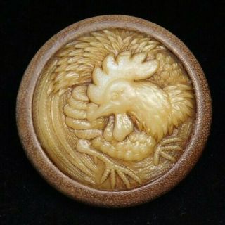 Antique Vtg Button Molded Celluloid Rooster In Turned Wood I8