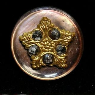 Antique Vtg Button Stamped Brass Star W Steels On Pearl Shell Escutcheon G8