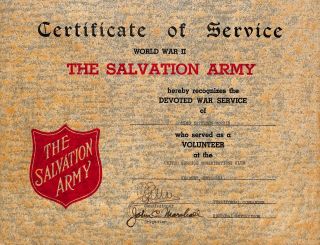 Salvation Army Uso Ww2 World War Ii Certificate Of Service Vintage Cpg5