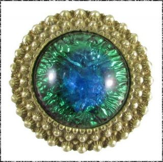 Antique Peacock Eye Glass In Metal Button,  Stippled Brass Border,  1 & 1/16 "
