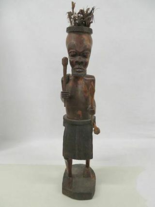 Vintage African Zulu Tribal Warrior Statue Wood Carved & Feathers