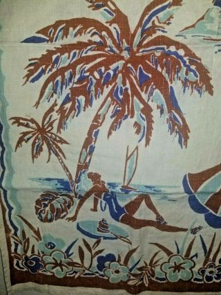 Vintage Linen Tea Dish Towel Hawaiian Pinup Girl Floral Palm Trees Beach