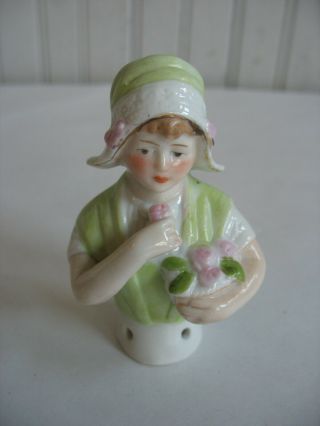 Vtg Germany 2869 Pincushion Half Doll Porcelain Demi Figure Woman Fruit Basket