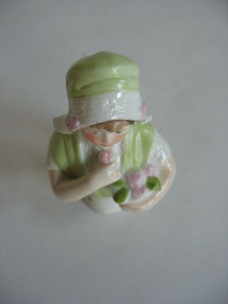Vtg Germany 2869 Pincushion half doll Porcelain Demi figure Woman fruit basket 2