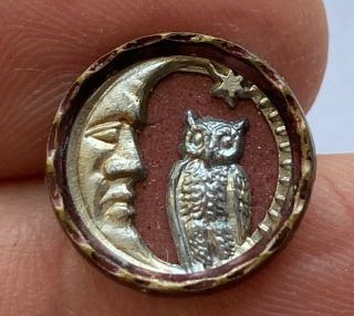 Antique Vintage Scarce Tinted Metal Picture Button Owl Bird & Man In Moon 5/8”