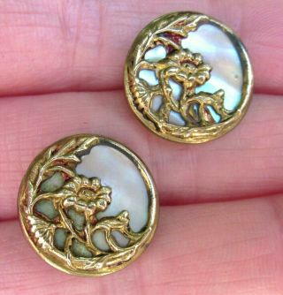 Pair Antique Brass Mother Of Pearl Art Nouveau Style Flower Button