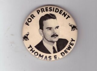 1948 Button Pin 2 1/2 " Thomas Dewey For President Celluloid Republican Elephants
