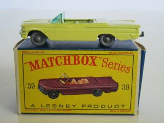 Vintage Matchbox Lesney Yellow Pontiac Convertible W/ Box,  39 (nm)