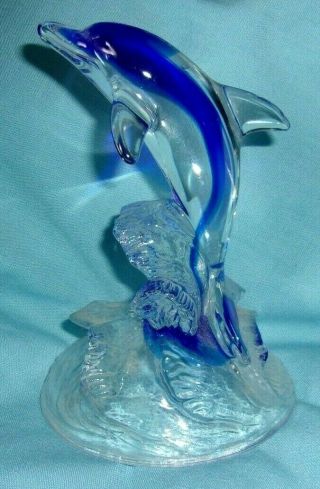 Glass Blue & Clear Dolphin Figurine On Waves.  Murano?