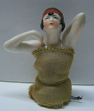 Vintage German Porcelain Bisque Pin Cushion Half Doll Black Hair 1920 