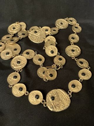 Vintage Pauline Rader Coin Statement Necklace Gold Tone & Black Enamel 34 " Long