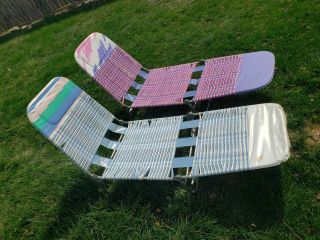2 Vtg Folding Lawn Chaise Lounge Chair Deck Pool Vinyl Tube Plastic Blue Pink
