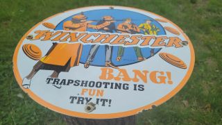 Vintage Old Winchester Trap Shooting Porcelain Ammo Gun Sign Shotgun Winchester