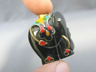 Vintage Good Luck Black Onyx Gold Tone Cloisonne Carved Elephant Trunk Pendant
