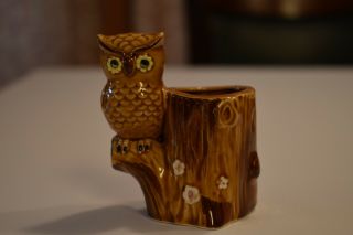 Vintage Lego Japan Ceramic Owl And Tree Stump Toothpick Holder