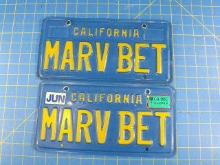 Vtg Blue Yellow California Personalized Vanity License Plates " Marv Bet "