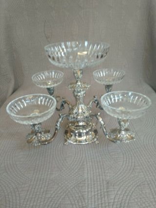 Reed Barton 166 Silverplate Epergne Centerpiece W/5 Miller Rogaska Crystal Bowls