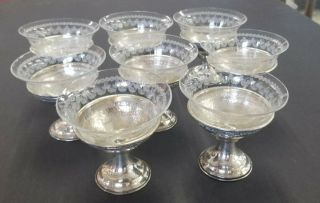 Vintage Set Of 8 Sterling Silver Sherbert Desert Cups W Etched Glass 96 Grams