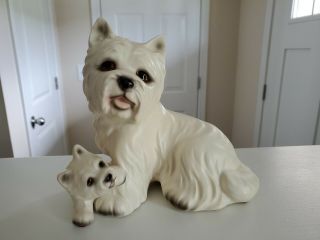 Vintage Ceramic West Highland White Terrier Dog W/ Puppy By " Hk No.  H705b84 "