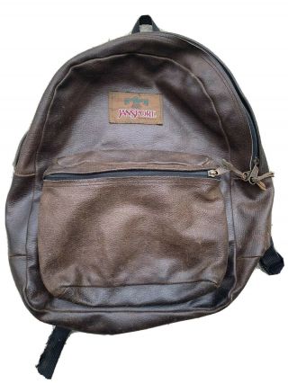 Rare Vintage Jansport Made In Usa Brown All Leather Backpack - 1990s Bookbag Zip