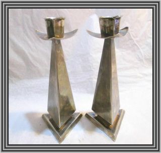 Vintage C1950s Sterling - Israel - Pair 6.  5 " Obelisk Shape Silver Candlesticks Nr