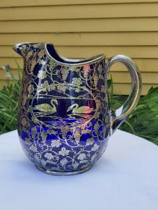 Depasse Pearsall Sterling Silver Overlay On Cobalt Blue Cambridge Glass Jug