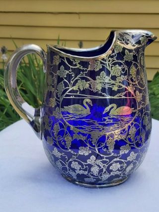 Depasse Pearsall Sterling Silver Overlay on Cobalt Blue Cambridge Glass Jug 2