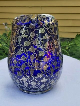 Depasse Pearsall Sterling Silver Overlay on Cobalt Blue Cambridge Glass Jug 3
