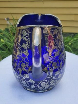 Depasse Pearsall Sterling Silver Overlay on Cobalt Blue Cambridge Glass Jug 4