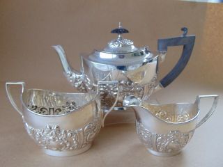 Pretty Edwardian Sterling Silver Flowers Tea Set 1902