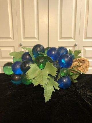 Vintage Blue Green Lucite Acrylic Grapes Cluster Leaves Driftwood Large 12” 60’s