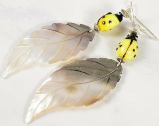 Handmade Yellow Ladybug Art Glass & Carved Mother Of Pearl Leaf Earrings