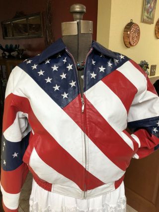Vtg Womens Red White Blue Stars Stripes Evel Knievel Usa Leather Jacket Sz 2xl