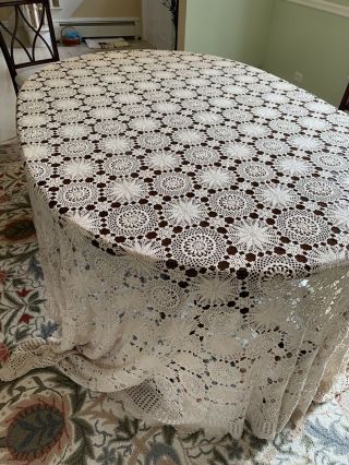 Vintage Crochet Lace Bed Cover Handmade Tablecloth ecru 110 x 97 bedspread 9x8 3