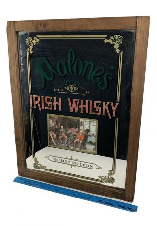 Vintage Rare Malone’s Irish Whiskey Pub Bar Framed Mirror Man Cave Sign 26”x 20”