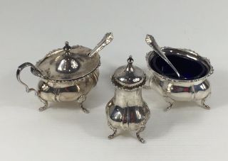 Antique Solid Silver Mustard & Salt Pot With Spoons& Liners & Pepper Shaker 1904