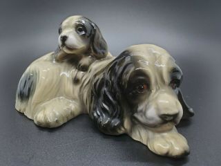 Vintage Black And White Cocker Spaniel Mom Or Dad And Puppy Made In Japan