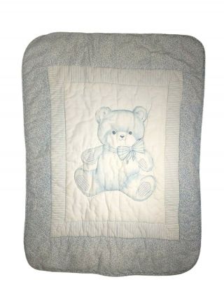 Vintage Gerber Blue White Bear Baby Crib Comforter Blanket Flowers Stripes Flaw