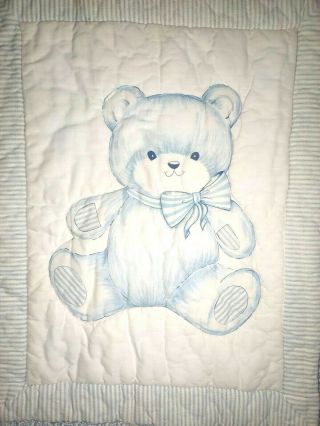 Vintage GERBER Blue White Bear Baby Crib Comforter Blanket Flowers Stripes Flaw 2