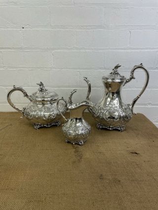 Antique Silver Plated Tea Set 3 Piece Service - Set - Bird Finals