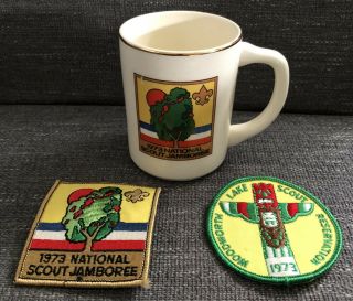 Vinatage 1973 National Boy Scout Jamboree Coffee Mug Cup & Patches Lake Scout