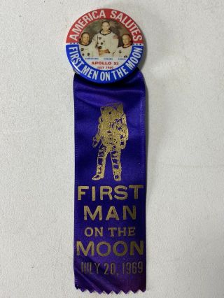 Vintage Apollo 11 First Men On The Moon Button & Man On The Moon Ribbon 1969